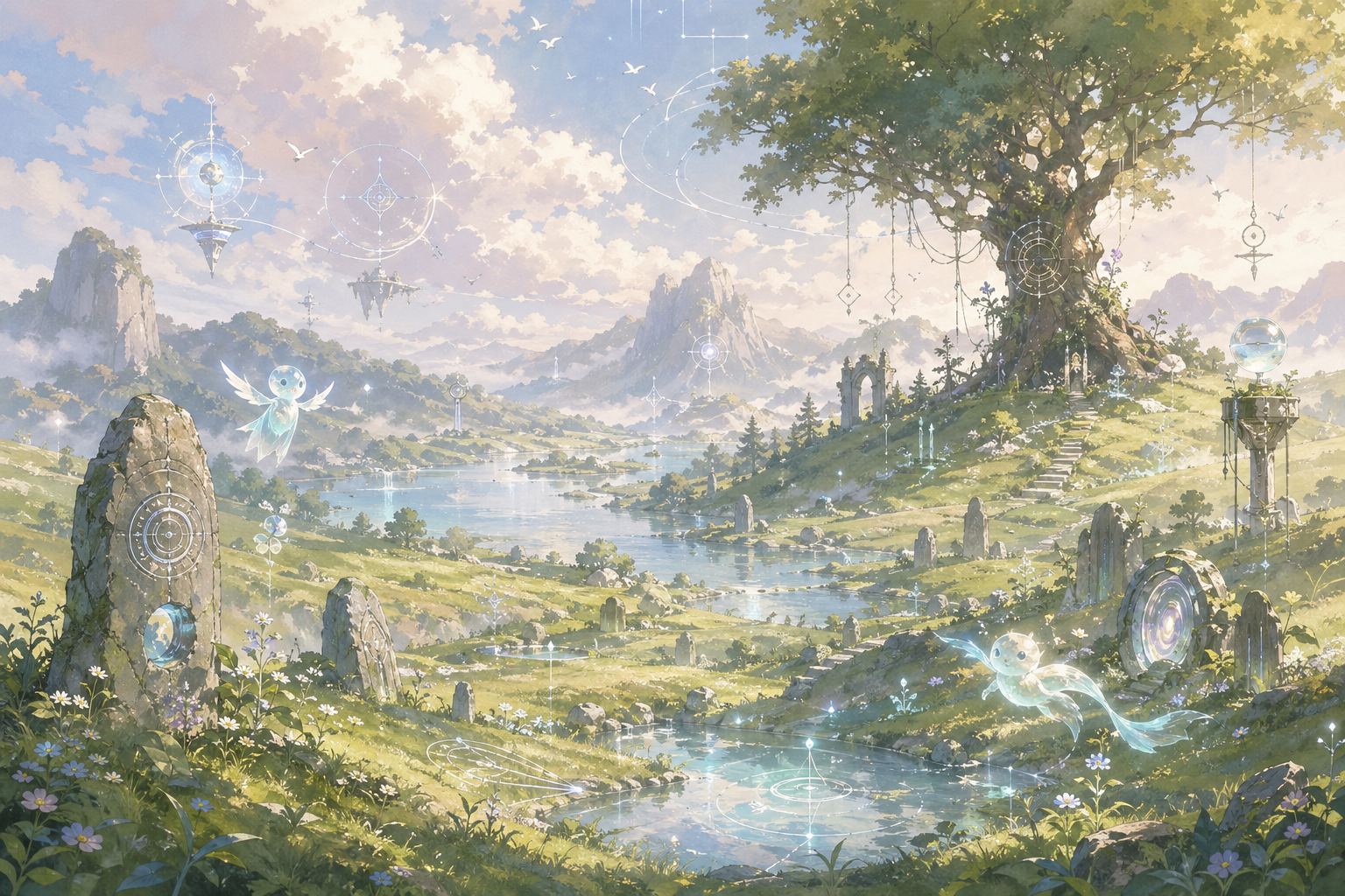 Dream-like Echoes landscape blending nature, symbols, and quiet technological myth behind the page heading.