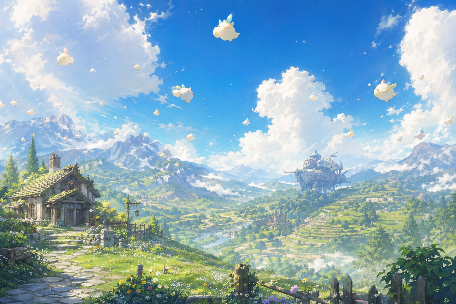 Dream-like bokura.ai landscape with gentle drifting companions.